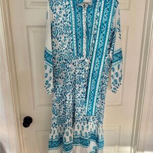 Sue Sartor Flounce Dress Large cerulean/larkspur blue long sleeve
